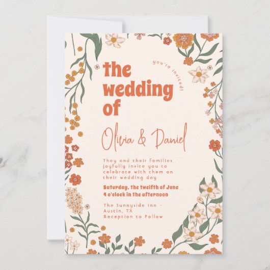 Groovy Florar Retro bruiloft Kaart (Voorkant)