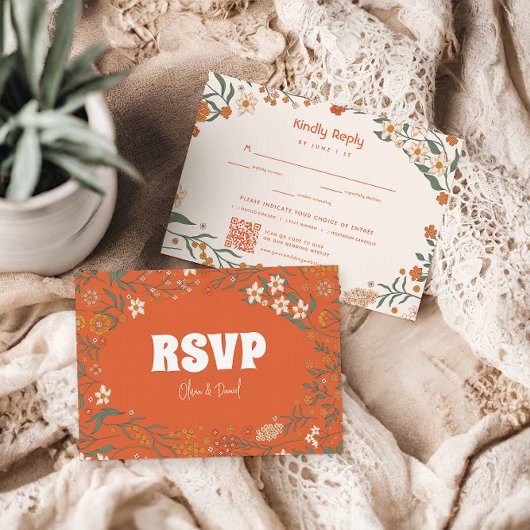 Groovy Florar  Retro bruiloft RSVP Kaartje