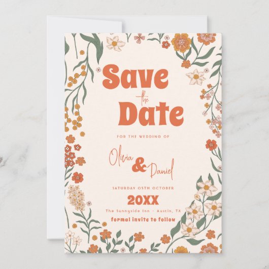 Groovy Florar  Retro bruiloft Save The Date (Voorkant)