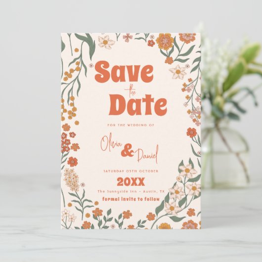 Groovy Florar  Retro bruiloft Save The Date (Staand voorkant)