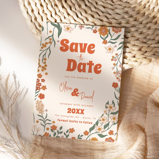 Groovy Florar Retro bruiloft Save The Date