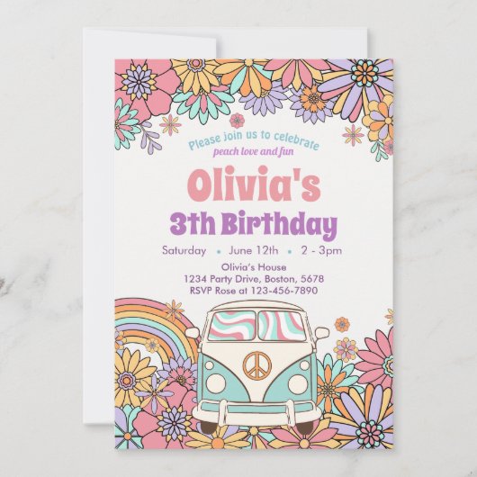 Groovy Flower Boho Retro Verjaardagsuitnodiging Kaart (Voorkant)