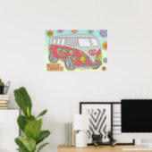 Groovy Flower Power 60s Hippy Bus Poster (Thuiskantoor)