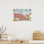 Groovy Flower Power 60s Hippy Bus Poster (Keuken)