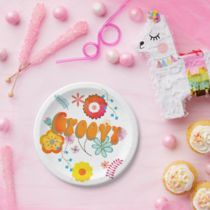 Groovy Flower Power Kleurrijk Roze Papieren Bordje