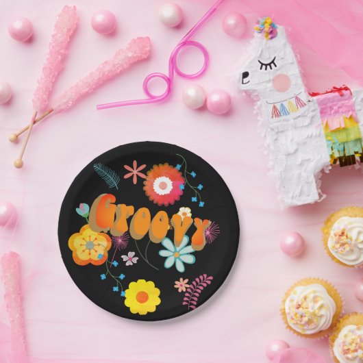 Groovy Flower Power Kleurrijk Zwart Papieren Bordje (Feest)