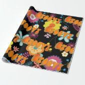Groovy Flower Power Roze Zwart Cadeaupapier (Uitgerold)