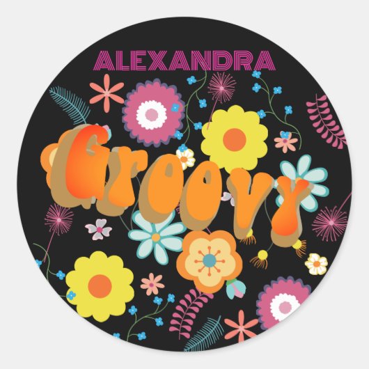 Groovy Flower Power Roze Zwart Ronde Sticker (Voorkant)