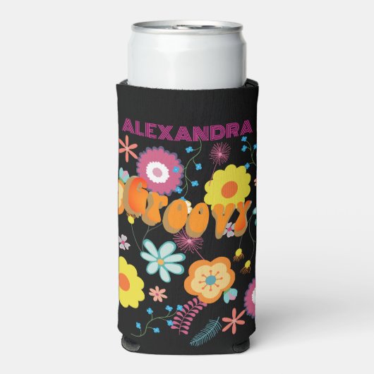 Groovy Flower Power Roze Zwart Seltzer Blikjeskoeler (Seltzer Voorkant)
