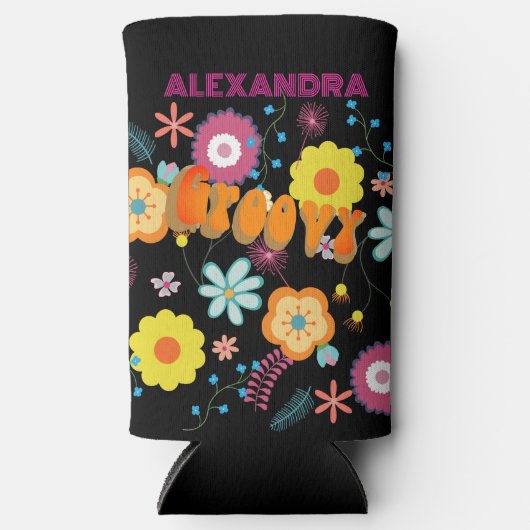 Groovy Flower Power Roze Zwart Seltzer Blikjeskoeler (Voorkant)