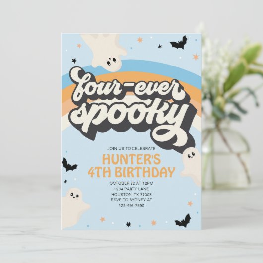 Groovy Four-ever Spooky Boy 4e verjaardag Hallowee Kaart (Staand voorkant)