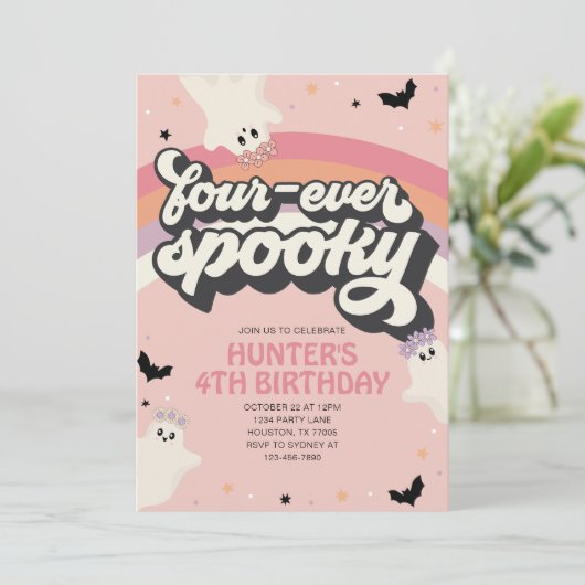 Groovy Fourever Spooky Girl 4e verjaardag Hallowee Kaart (Staand voorkant)