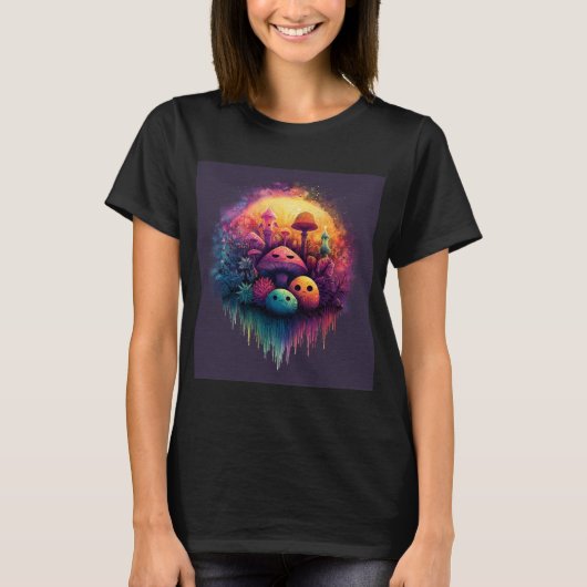 Groovy Fun Mushrooms Women’s Black T-Shirt (Voorkant)