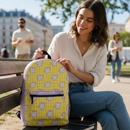 Groovy geel Paarse moderne bloemen gepersonaliseer Bedrukte Rugzak