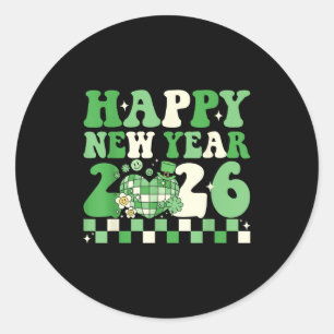Groovy Gelukkig Gelukkig Nieuwjaar 2026 Disco Bal Ronde Sticker
