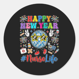 Groovy Gelukkig Nieuwjaar 2026 Verpleegster Leven Ronde Sticker