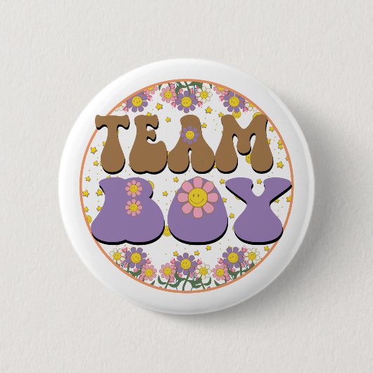 Groovy Gender onthullen Team Boy Blue, Retro Flowe Ronde Button 5,7 Cm (Voorkant)