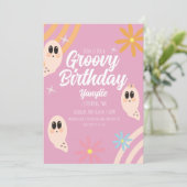 Groovy Ghost Floral Retro Halloween Party roze Kaart (Staand voorkant)