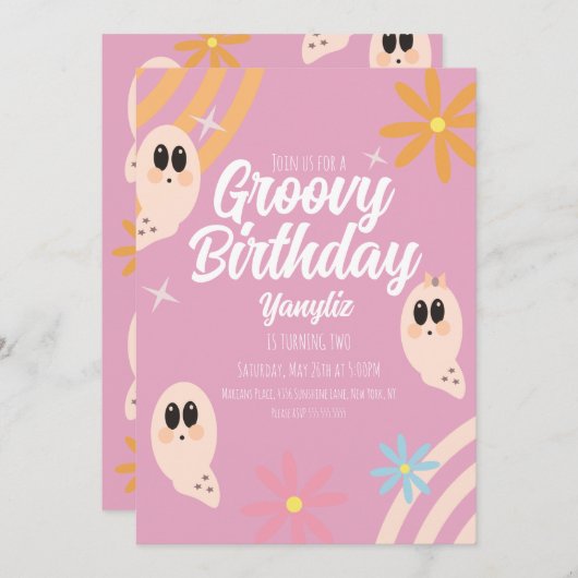 Groovy Ghost Floral Retro Halloween Party roze Kaart (Voorkant / Achterkant)