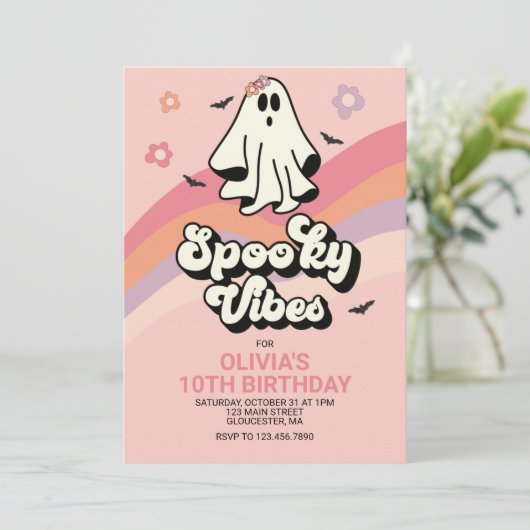 groovy Ghost retro Halloween Birthday Uitnodiging (Staand voorkant)