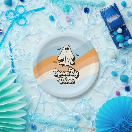 groovy Ghost retro Halloween Spooky Vibes Blue Papieren Bordje (Feest)