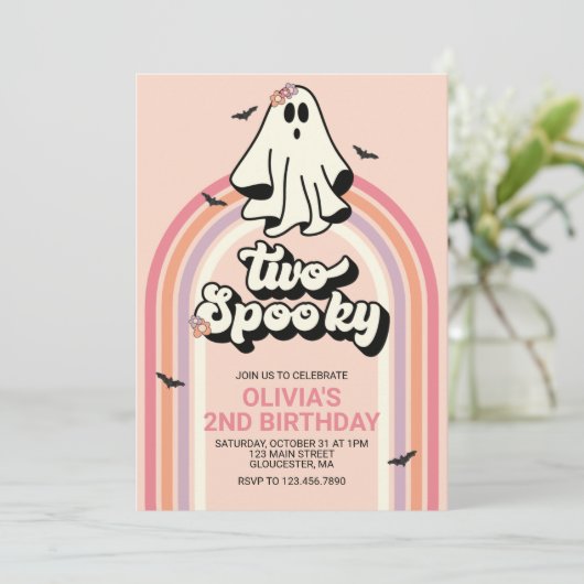 groovy Ghost retro Halloween Two Spooky Birthday I Kaart (Staand voorkant)