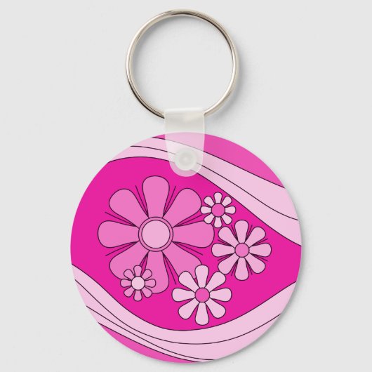 Groovy Girly 60s 70s Hot Pink Retro Bloemenpatroon Sleutelhanger (Voorkant)