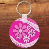 Groovy Girly 60s 70s Hot Pink Retro Bloemenpatroon Sleutelhanger (Voorkant)