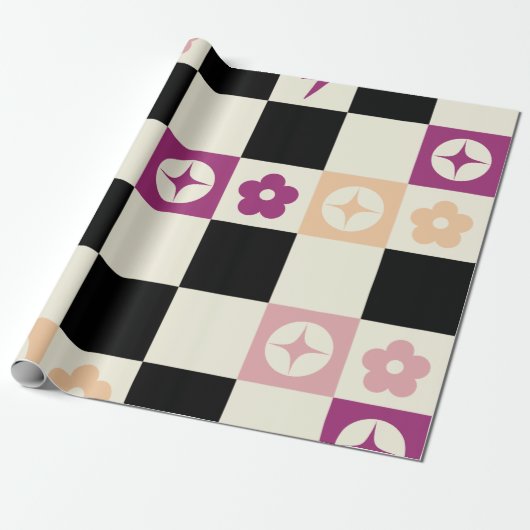 Groovy Girly Psychedelic Checkerboard, Y2K Wrappin Cadeaupapier (Uitgerold)