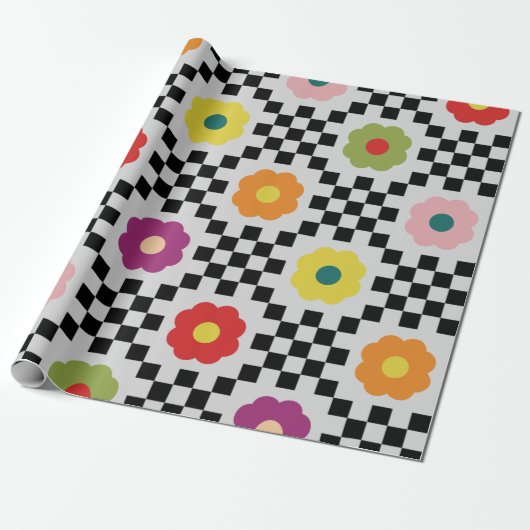 Groovy Girly Psychedelic Checkerboard, Y2K Wrappin Cadeaupapier (Uitgerold)