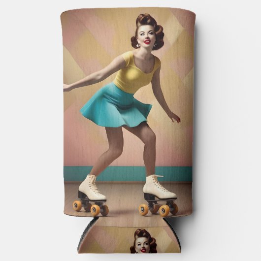 Groovy Glide: Retro ritmes op Schaatsen wielen Seltzer Blikjeskoeler (Voorkant)