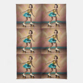 Groovy Glide: Retro ritmes op Schaatsen wielen Theedoek (Verticaal)