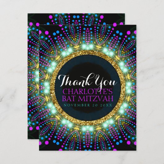 Groovy Glow Blacklight Bat Mitzvah Dank je V2 Bedankkaart (Voorkant / Achterkant)