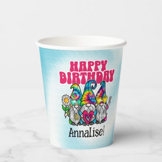 Groovy Gnomen Rainbow Tie Dye Verjaardag Papieren Bekers (Achterkant)