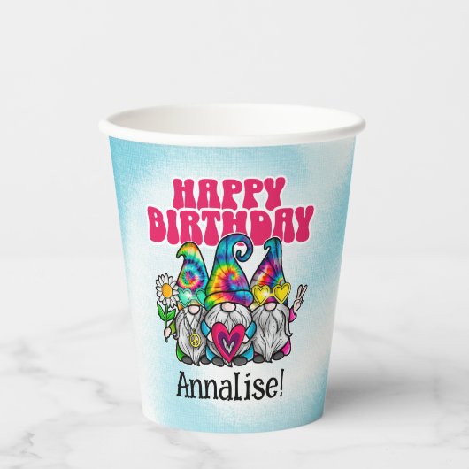 Groovy Gnomen Rainbow Tie Dye Verjaardag Papieren Bekers (Voorkant)