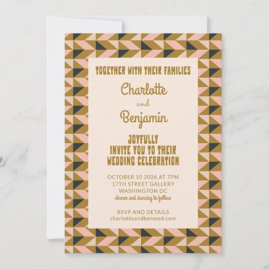 Groovy Gold All-in-One Retro Art Deco Wedding Kaart (Voorkant)