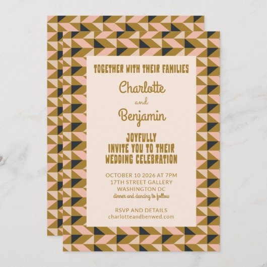 Groovy Gold All-in-One Retro Art Deco Wedding Kaart (Voorkant / Achterkant)