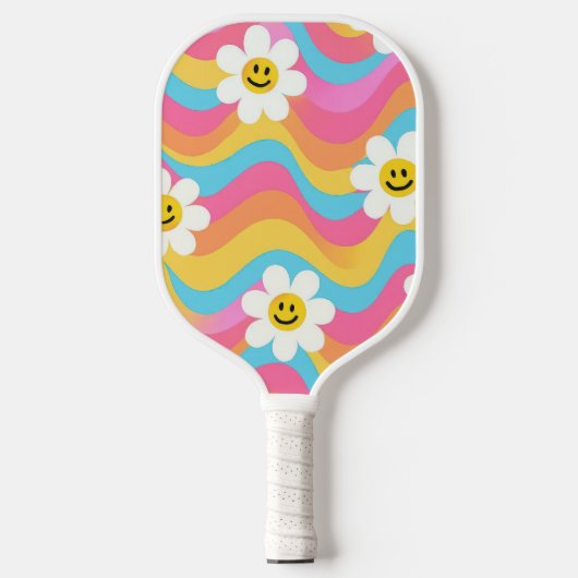 Groovy Golvende Smiley Bloem Retro Pickleball Paddle (Voorkant)