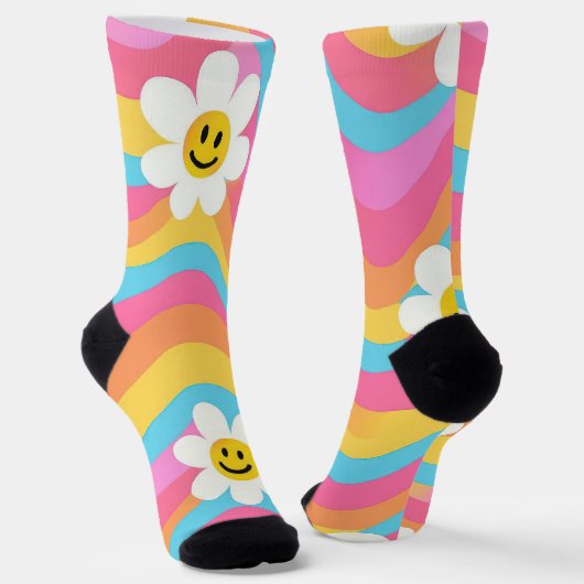 Groovy Golvende Smiley Bloem Retro Sokken (Gebogen)