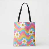 Groovy Golvende Smiley Bloem Retro Tote Bag (Voorkant)