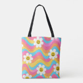 Groovy Golvende Smiley Bloem Retro Tote Bag (Achterkant)