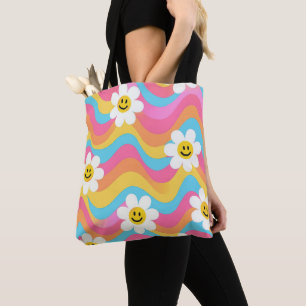 Groovy Golvende Smiley Bloem Retro Tote Bag