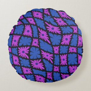 Groovy golvende trippy jaren 60 bloemruit blauw ro rond kussen