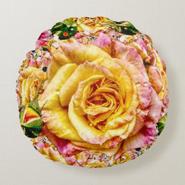 Groovy Gouden Roos Opulence: Rond Kussen (Voorkant)