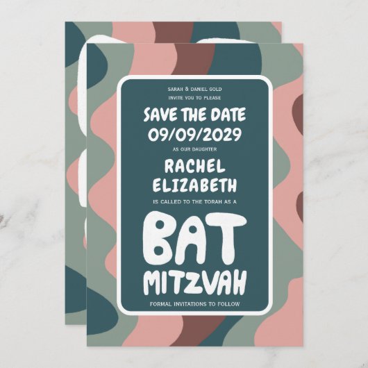 Groovy Green Waves Custom Bat Bar Bnai Mitzvah Save The Date (Voorkant / Achterkant)