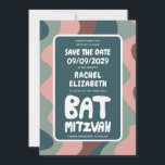Groovy Green Waves Custom Bat Bar Bnai Mitzvah Save The Date<br><div class="desc">Perfecte kaart om een bar of bat mitswa of andere Joodse viering aan te kondigen en gasten te vragen om de datum te bewaren! Handgemaakte kunst voor u met handlettering aan de voor- en achterkant! (check shop of DM voor BAR/BAT mogelijkheden) VOLLEDIG ! Klik hierboven op "Personaliseren" om de tekst...</div>