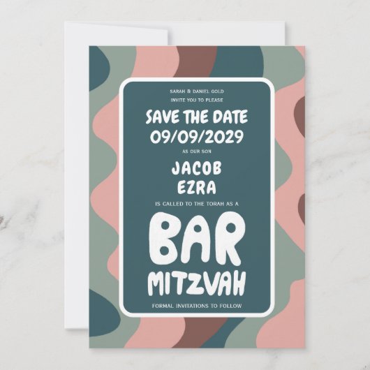 Groovy Green Waves Custom Bat Bar Bnai Mitzvah Save The Date (Voorkant)