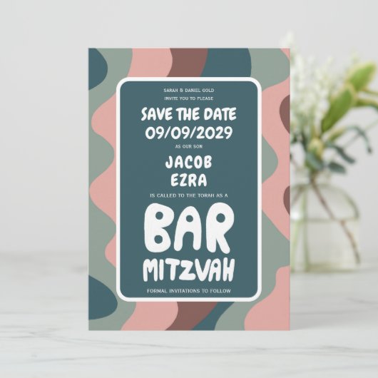 Groovy Green Waves Custom Bat Bar Bnai Mitzvah Save The Date (Staand voorkant)