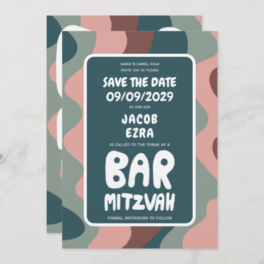 Groovy Green Waves Custom Bat Bar Bnai Mitzvah Save The Date (Voorkant / Achterkant)