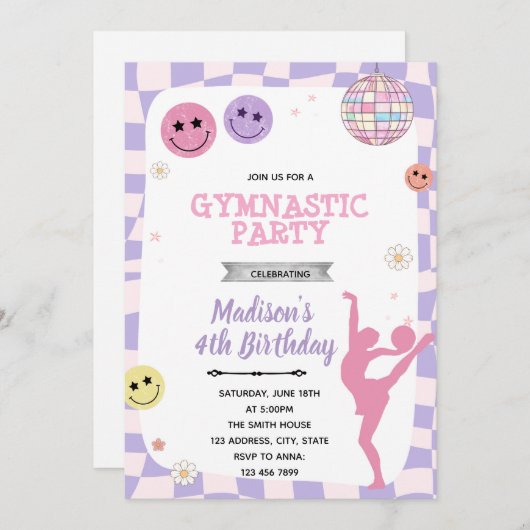 Groovy gymnastische feestuitnodiging kaart (Voorkant / Achterkant)